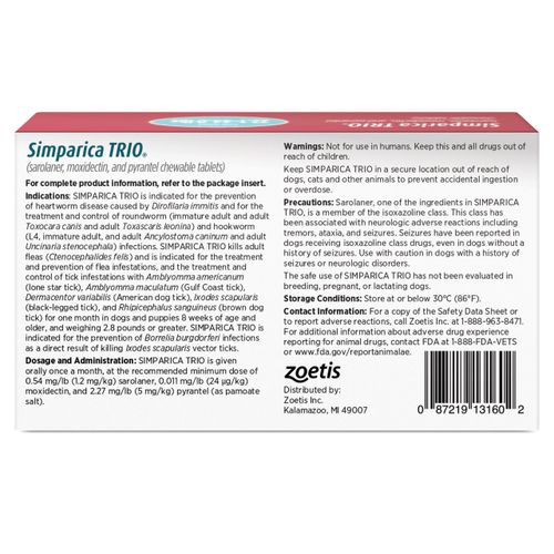 Simparica Trio (sarolaner, moxidectin, and pyrantel chewable Tablets) Chewables for Dogs, 24 mg/tab, 22.1-44 lbs, (Blue), 1 Tablet
