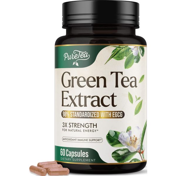 PureTea Green Tea Extract Pills 1000mg with 98% Standardized EGCG - 3X Absorption Green Tea Capsules for Natural Energy - Heart Support with Polyphenols & Antioxidants, Gentle Caffeine - 60 Capsules