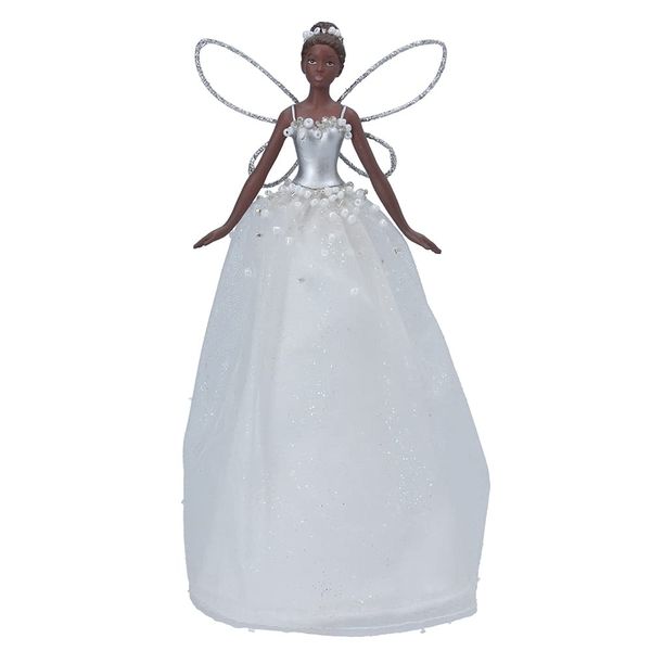 Gisela Graham 18cm Black Skinned Fairy Tree Topper | White Dress