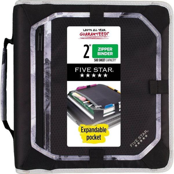Five Star Zipper Binder 2 Inch 3-Ring Binder with Expansion Panel, Black/Gray