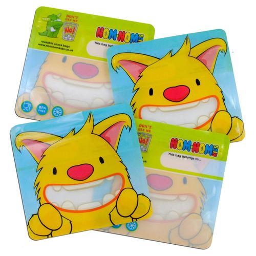 Nom Nom Kids – 4 x Reusable Snack Bags – Yellow Monster Design – BPA Free – No Leak, Air-Tight Double Zip – Ideal for Baby Led Weaning, Toddlers and School Snacks – Eco Friendly