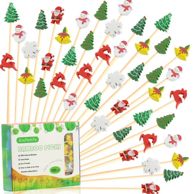 Christmas Cocktail Picks Toothpicks Fruit Dessert Sticks Food Sandwich Appetizer Charcuterie Skewers for Xmas Tree Snowman Elk Snowflake Christmas Decorations Themed Party Supplies, 5", 100 Count