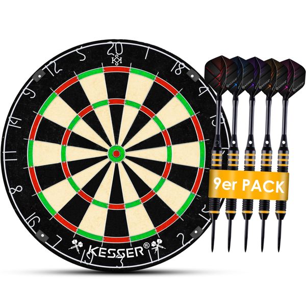 KESSER® Dartscheibe kork mit 9 Dartpfeile Professional Dartboard + 21 Pro Flights + Zubehör Steeldart Offizielles Dartscheibe 9 Pfeilen Metallspitze Profi Steeldartscheibe - Dartboard inkl. Montageset