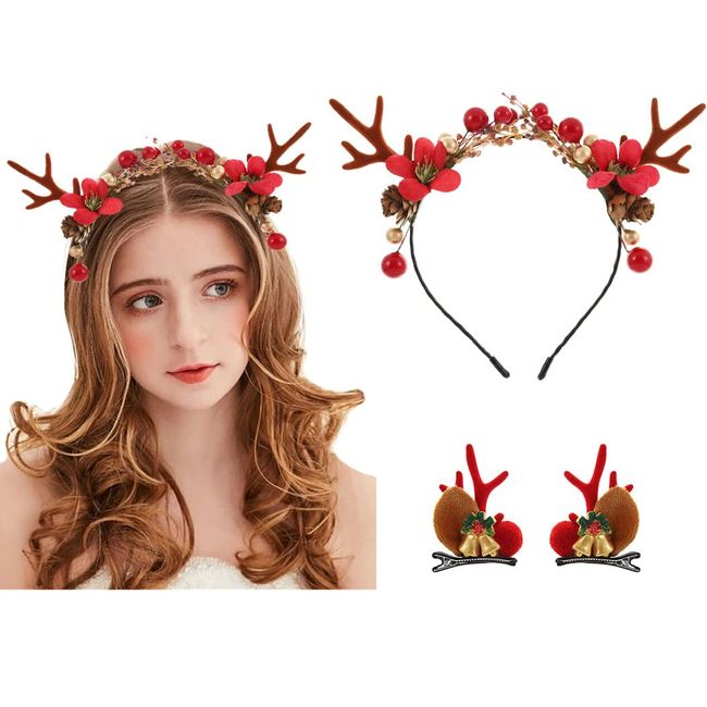 IYOU Weihnachts Stirnband mit Haarspangen Rot Rentiergeweih Haarband Beeren Tannenzapfen weihnachten Kopfbedeckung Haarschmuck für Erwachsene und Kinder