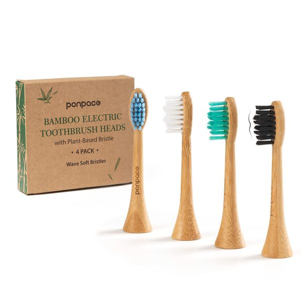 PONPACE Biodegradable Philips Sonicare Compatible Toothbrush Heads, Bamboo Electric Toothbrush Replacement Heads with Plant-Based Bristle 4 Pack (Waved Soft Bristle)