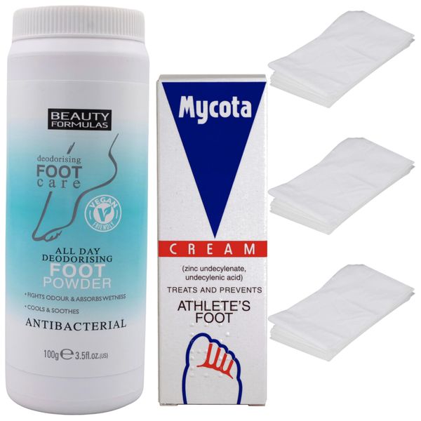 Athletes Foot Treatment Bundle with Mycota Athletes Foot Cream 25g and Foot Powder (Antibacterial)100g with 3X Glameno Surface Protective Towels