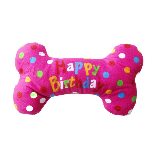 Silly Winks Happy Birthday Plush Bone Squeaky Dog Toy - 8 Inch (Pink)