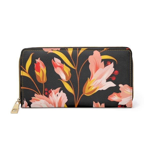 Womens Wallet, Zip Purse, Black & Pink Floral - One size