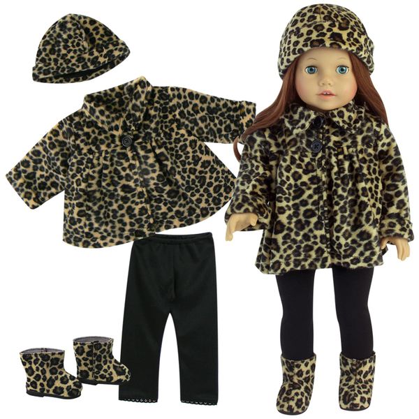 Sophia's Doll Animal Print Leopard Faux Fur Coat, Matching Hat, Black Leggings, and Leopard Boots Outfit 4 Piece Set for 18" Dolls, Tan