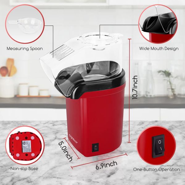 Hot Air Mechanism "Fat Free" Popcorn Maker | No Oil | Free Popcorn Bags Included | Healthy Home-Made Treats | Movie Nights/Sleepovers/Kids Parties | 1200 W | Red | Anti Slip Feet