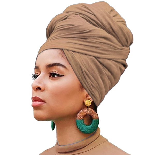 1 Piece Head Wrap Stretch African Turban for Women Fashion Headwear Extra Long Hair Scarf Caps Bohemian Headwraps Soft Breathable Turbans Tie (Camel)