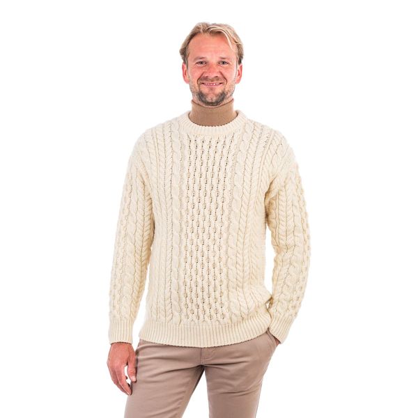 SAOL Irischer Aran Pullover Strickpullover mit Rundhalsausschnitt und Wabenstricken Supersoft Wollpullover Sweater aus Merinowolle für Herren (Natur, XXL)