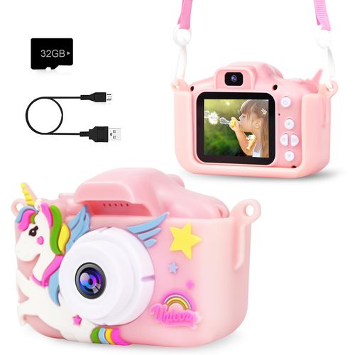 PROGRACE Kids Camera for Boys Girls - Dual Selfie Mini Children Camera Age 3 4 5 6 7 8 9 Year Old Kids Camcorder Birthday Gifts for Girls Boys Toy Camera for Kids Video Camera Recorder, Unicorn