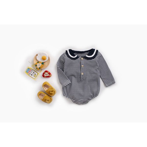 Baby Girl Striped Pattern Sailor Collar Design Fashion Long Sleeves Bodysuit Onesie - 66 (3-6M) / Black