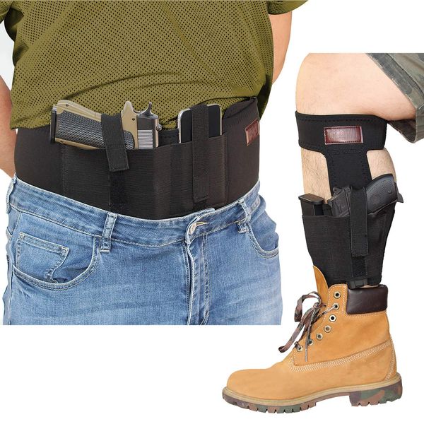 CREATRILL Bundle of Belly Band Holster + Ankle Holster for Concealed Carry, Neoprene Hand Gun Waist Band | Non Slip Ankle Pistol Holder with Calf Strap for Men Women