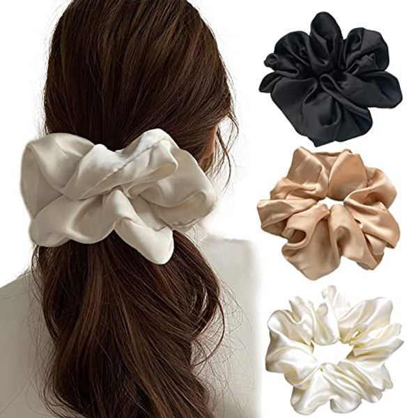 Scrunchie, Chiffon, Stylish, Adult, Hair Rope, Hair Tie, Hair Ornament, Simple, Hair Accessory, Satin, Elegant, Large, Extra Large, Plain, 3 Color Set (Champagne, Black, White)