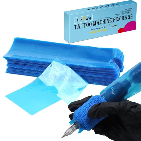 EIPTWH 200PCS Tattoo Stift Abdeckungen, blaue Farben Einweg Tattoo Maschine Stift Taschen Thikcer&Wider Tattoo Maschine Plastikabdeckungen für Tattoo Künstler Tattoo Supplies