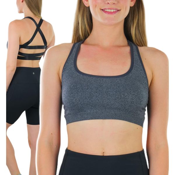 ToBeInStyle Women's Crisscross Strappy Back Sports Bra - Charcoal/Black - M/L