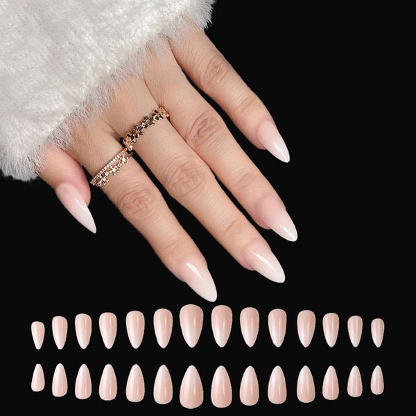 jklitio 28Pcs False Nails, Almond Short False Nails, Nude Pink Gradient Fake Nails French Press on Nails, Stick on Nails for Women, Glossy Oval Stick on Nails for Nails Art