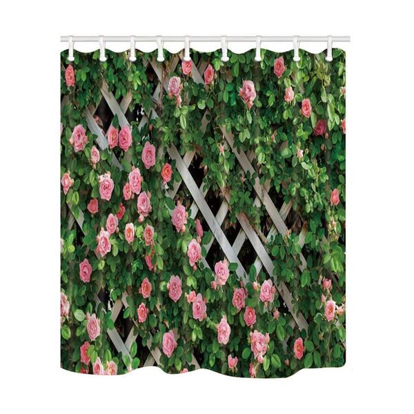 JOOCAR Design Shower Curtain, Rustic Decor Rosemary Roses Flower on Fence, Waterproof Cloth Fabric Bathroom Decor Set with Hooks