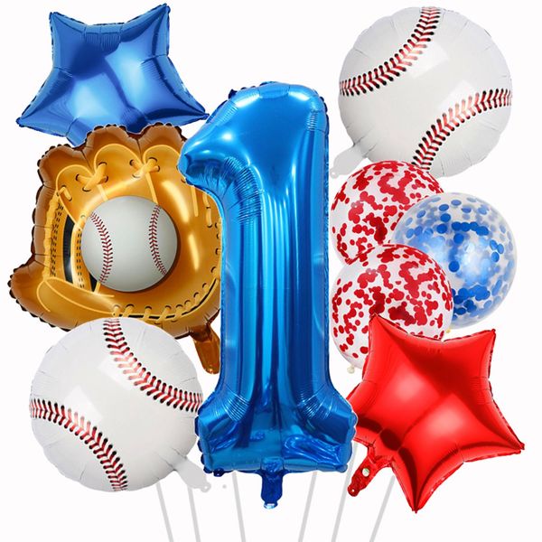 HADCKJA Baseball Balloons Baseball Birthday Party Supplies with 1st Balloon Baseball Glove Balloon Red Blue Star Red Blue Confetti Balloon for Boy Shower Decorations Birthday Party Decorations 9Pcs