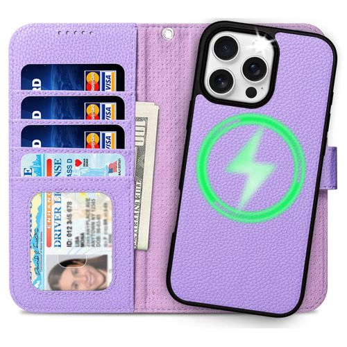 MEFON for iPhone 16 Pro Detachable Wallet Case 2 in 1 Folio Flip Leather Wallet Case with 4 Card Holder [RFID Blocking] [Microfiber Lining] [Wrist Strap] [Lightweight] for Women/Girl (Lilac Purple)