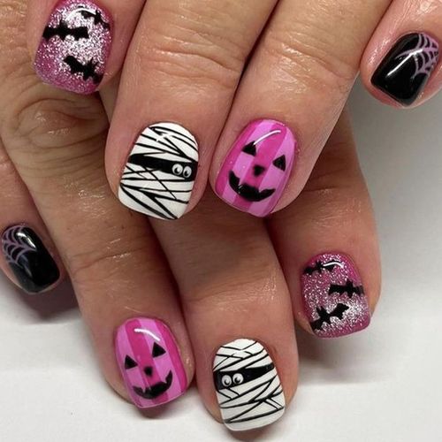 Unghie Finte Corte MouyouGlow,Squadrata Halloween Jack-o'-lantern Zucca Mummy Pipistrello Creepy Horror Cute Cartoon Press on Nails con Colla,Nero Viola Brillantini Orrore Fake Nails