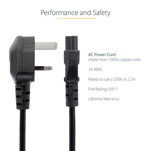 StarTech.com 3ft (1m) UK Laptop Power Cable, BS 1363 to C5 Mickey Mouse, 2.5A 250V, 18AWG, Laptop Replacement Cord, Printer Cable, UK Laptop Charger Cord, Laptop Power Brick Cord (PXTNB3SUK1M)