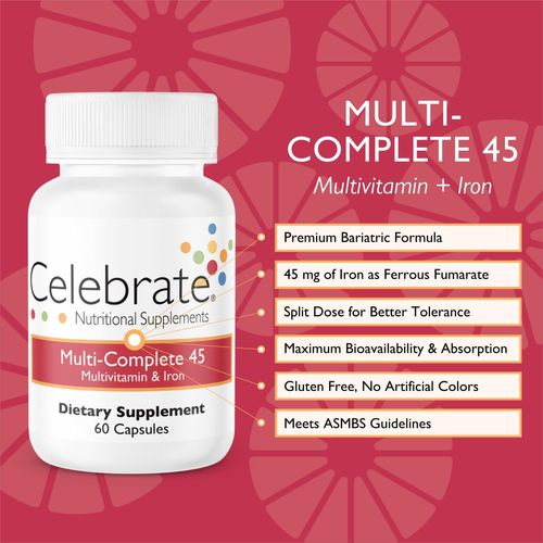 Celebrate Vitamins Multi-Complete Bariatric Multivitamin with Iron Capsules, 45 mg of Iron, for Sleeve Gastrectomy and Gastric Bypass Surgery Patients, 60 Count