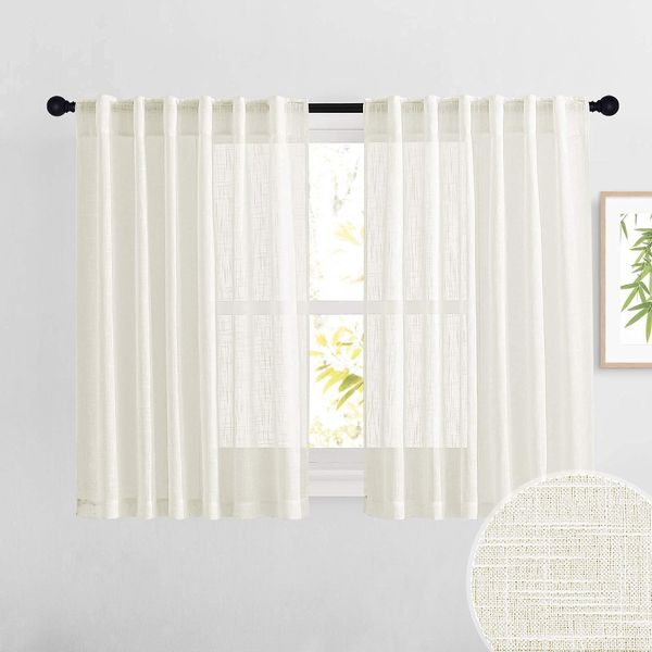 RYB HOME Linen Sheer Curtains - Solid Privacy Textured Semi Sheer Drapes Light Glare Filtering Airy Window Covering for Living Room Bedroom Doorway, Cream, W 52 x L 45 inches Long, 2 Panels