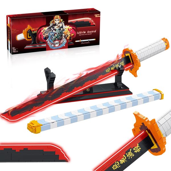 HIGH GODO Demon Slayer Sword Building Set, 27in Rengoku Kyoujurou Sword Building Block with Scabbard and Stand, Cosplay Anime Sword Set for Adults and Kids 8+ (790 Pieces)