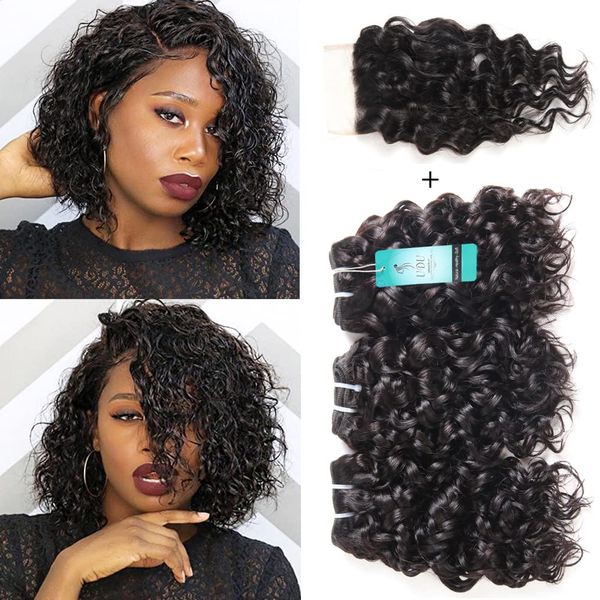 Malaysian Water Wave Bundles with Closure 12A Ocean Wave Wet & Wavy Human Hair Bundles with T Part Lace Closure 100% Human Hair Weave Extensions Remy Hair Bundles Water Curly Hair (8 8 8+8inch)