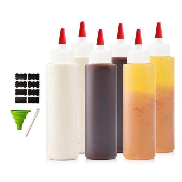 6-Pack Condiment Squeeze Bottles for Sauces w/Funnel, Erasable Marker & Reusable Labels, Salad Dressings Sauce Bottles Squeeze, Plastic Squeeze Bottles for Liquids & Ketchup Bottles Squeeze - 16 oz