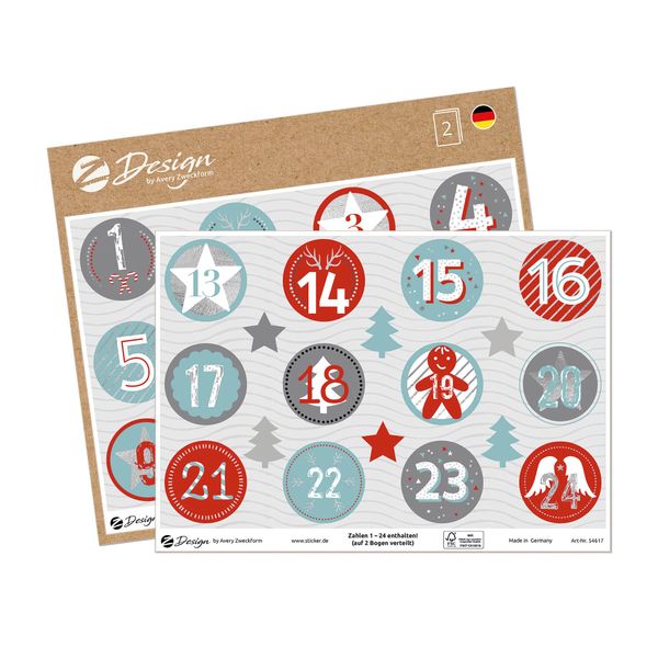 AVERY Zweckform 24 Aufkleber Aufkleber Adventskalender Zahlen (Made in Germany, Weihnachtssticker A5 Bogen Silberprägung, Papier selbstklebend, Sticker Adventskalender, Weihnachtskalender) 54617