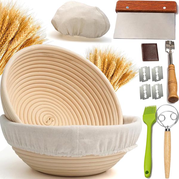 Bread Proofing Basket Set of 2 for 9 Inches Round Shaped Dough Basket with Liner, Dough Scraper, Silicone Brush, Bread Lame (Set of 2, Round 9" & Accessories)