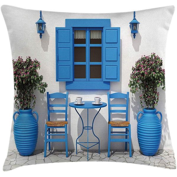 Travel Decor Throw Pillow Cushion Cover by, Traditional Greek Design Holiday Summer House Flowers Window Image, Decorative Square Accent Pillow Case, 18 X 18 Inches, Navy Blue and White