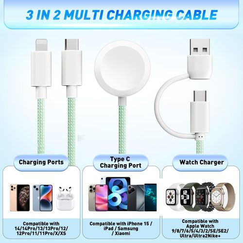𝐔𝐩𝐠𝐫𝐚𝐝𝐞𝐝 𝐑𝐚𝐩𝐢𝐝 𝐅𝐚𝐬𝐭 Charging USB C Watch Phone Charger 3 in 2 Cable, Compatible with Apple Watch Ultra SE Series 1-9, Universal Travel Multi Devices All in One Cord, 4FT/1.2M-Green