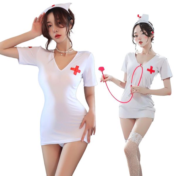 YISMate Sexy Nurse Erotic Cosplay, 3-piece Set, Echetch, Nurse Clothes, Nurse Cosplay, Super Extreme, Pervert, MoE, Lingerie, Costume, Women's, Short Sleeve, Mini Skirt, One-piece Skillet, White,