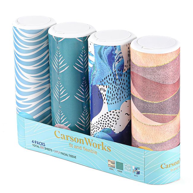 CarsonWorks Car Tissues Cylinder 4 Packs Round Tissue Box Holder Fit for Car Cup Holder, Home Small Tissue Dispenser with Refill Tissues for Car Bathroom Office