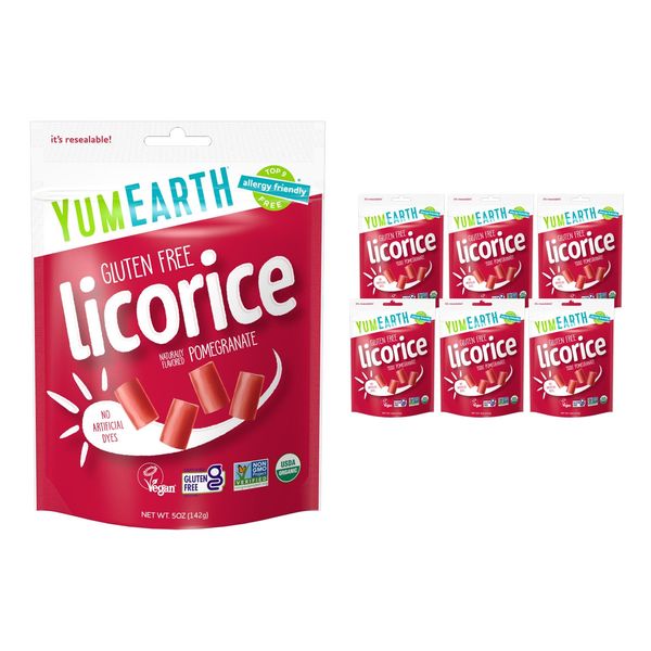 YumEarth Organic Pomegranate Licorice Snack Packs - Allergy Friendly, Gluten Free, Non-GMO, Vegan, No Artificial Flavors or Dyes - 5 Ounce (Pack of 6)