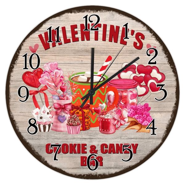 Vintage Hot Cocoa Chocolate Wooden Clock Valentine's Day Cookie & Candy Bar Wood Clocks Wing Cupid Valentine Clocks Battery Operated Wall Clock for Living Room Home Wall 15inch