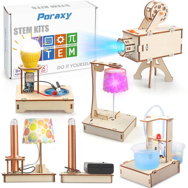 Poraxy STEM Science Kits for Kids Ages 8-10-12, 5 Set 3D Wooden Puzzles, Toys for Ages 8-13, DIY Educational Science Building Kits Crafts, Birthday Gifts for Boys and Girls 8 9 10 11 12 13 Year Old