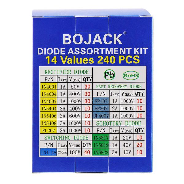 BOJACK 14 Value 240 pcs Diode Assortment Kit Contain Rectifier/Fast Recovery/Schottky/Switching Diode 1N4001 1N4004 1N4007 1N5404 1N5406 1N5408 RL207 FR107 FR207 UF4007 1N5817 1N5819 1N5822 1N4148