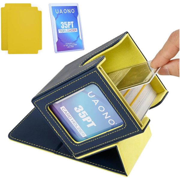 UAONO Card Deck Box with MTG Commander Display, Patented Design Card Deck Case Holds 100+ Double-Sleeved Cards, PU Leather Cards Storage Box for TCG with 2 Dividers, 1 Toploader (Blue&Yellow)