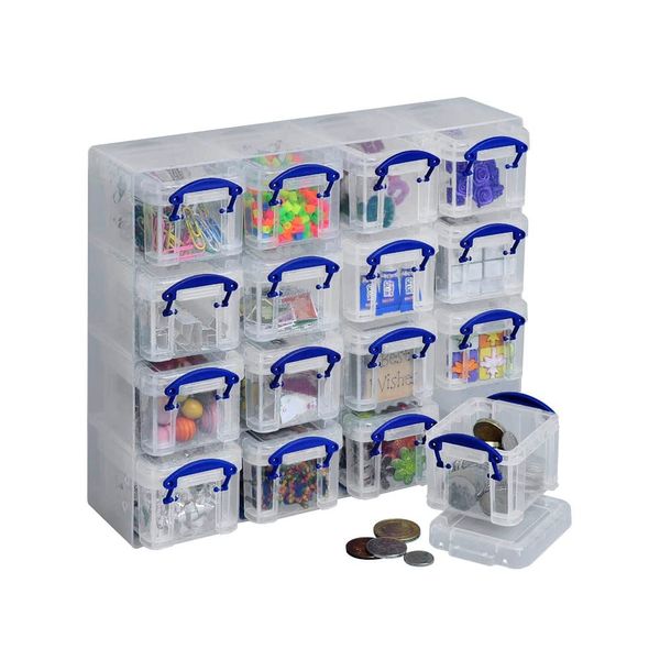 Really Useful Plastic Storage Box 0.14 Litre Organiser (16 x 0.14L) Clear Frame with Clear Boxes