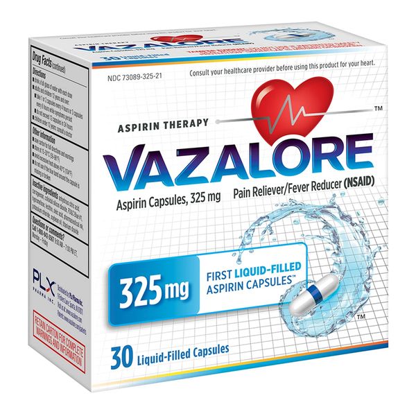 VAZALORE® Aspirin 325mg for Adults | Fast Pain Relief & Fever Reducer | Immediate Release Liquid-Filled Capsules to Help Protect Stomach | 30 Count