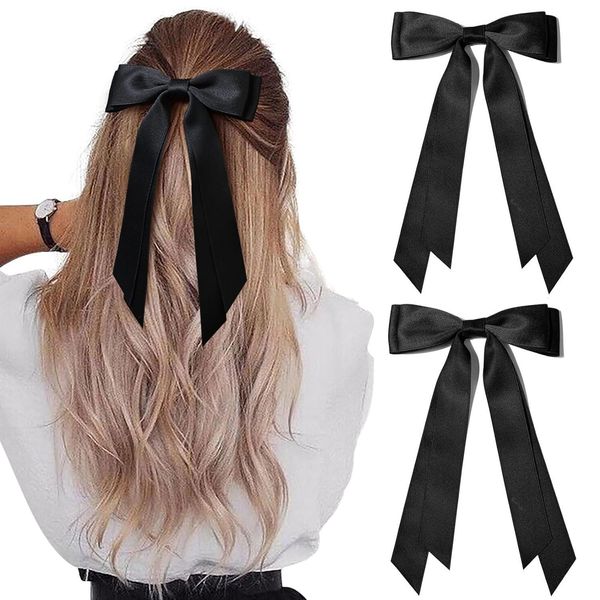 2 PCS Bow Hair Clip Soft Bowknot Hair Metal Spring Clip Solid Color French Barrette Stylish Trendy Hair Clips Simple hair clasp accessories for women and girls for All Occasions (2 PCS Black)