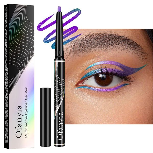 Ofanyia Multichrome Eyeliner Pencil, Metallic Shimmer Gel Eyeliner, Intense Color Shifting Eye Liner Makeup, Waterproof Smudge Proof Easy To Color Gel Eyeliner Pencil (04#Blue Green Purple Eyeliner)