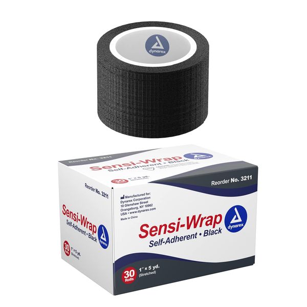 Dynarex 3211 Sensi-Wrap Self Adherent Bandage Roll, Black, 1" x 5 Yard, Pack of 30