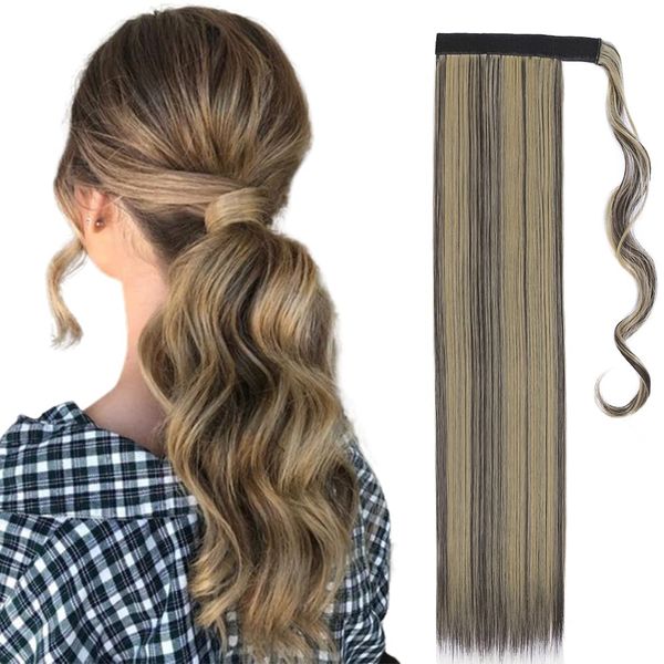 23" Long Straight Wrap Around Ponytail Clip in Hair Extensions One Piece Hairpiece Magic Tape in Pony Tail Extension for Women Dark Brown & Ash Blonde